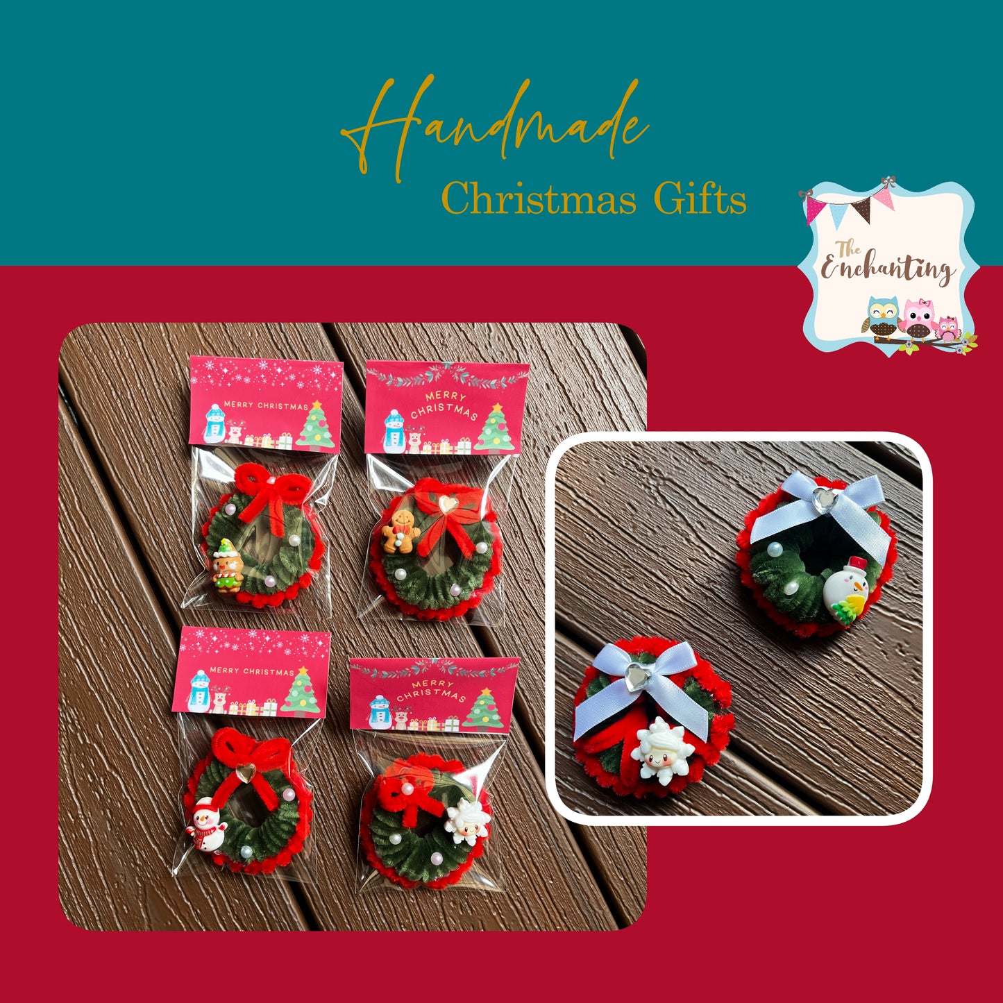 Handmade Christmas Mini Wreath Magnets (Set of 3)